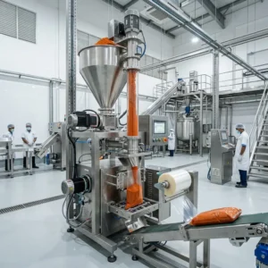 High-end Servo Auger Filler dosing fine spice powder vertically in a pristine Bangladeshi factory.