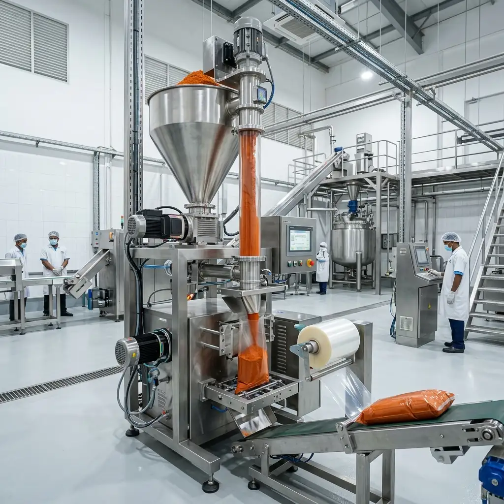 High-end Servo Auger Filler dosing fine spice powder vertically in a pristine Bangladeshi factory.