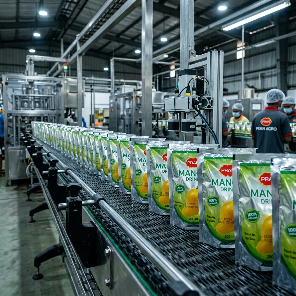 A premium aesthetic shot of identical, perfectly sealed flexible pouches aligned on an outbound conveyor belt inside a clean factory.