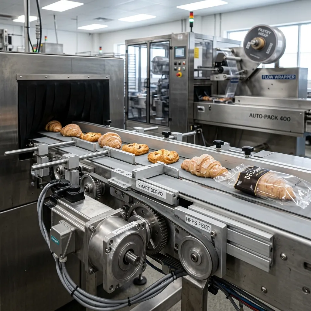 Close-up of a servo-driven smart belt mechanism feeding individual premium bakery items perfectly into the horizontal film tunnel of an HFFS packager.