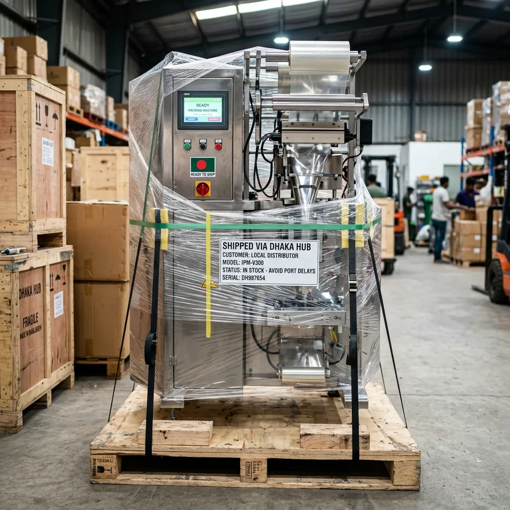 A pristine, brand-new premium industrial packing machine partially wrapped in clear shipping plastic, secured onto a heavy-duty wooden crate in a Dhaka hub.