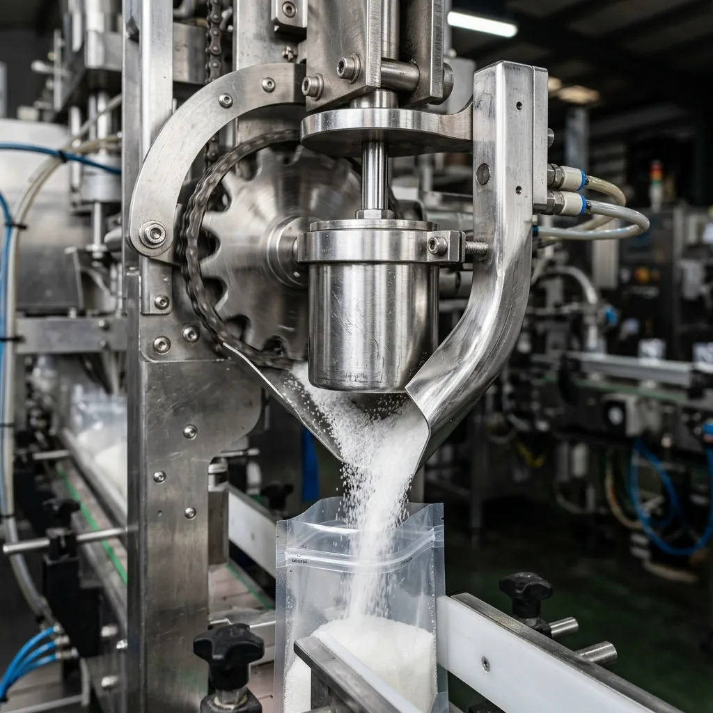 Close up macro shot of a Volumetric Cup Filler mechanism made of gleaming stainless steel dropping precise amounts of granular sugar.