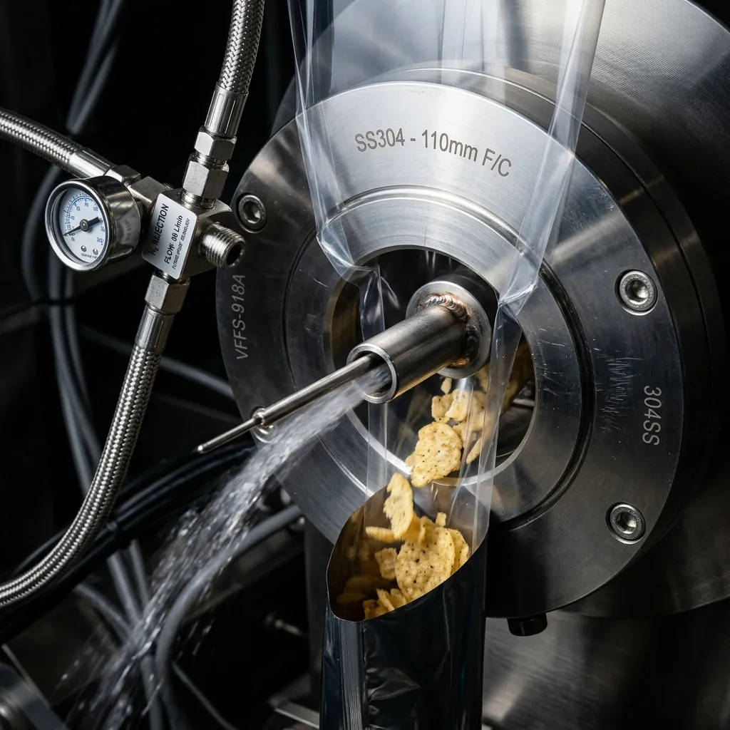 A dramatic technical shot of a nitrogen gas injection tube operating deep inside the pristine SS304 VFFS forming collar.