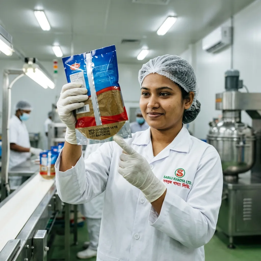 A Bangladeshi quality control inspector proudly verifying a perfectly legible thermal ink expiry date on a flexible pouch under bright factory lighting.