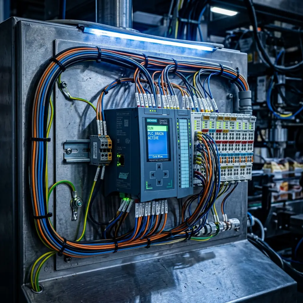 Close-up dramatic tech shot of a premium Siemens PLC terminal and complex Beckhoff automation wiring glowing under industrial lighting.