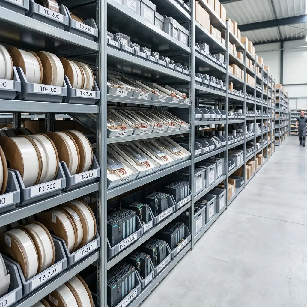 A highly organized industrial stockroom featuring gleaming premium packaging machine spare parts: teflon belts, horizontal heating jaws, and Siemens PLCs.