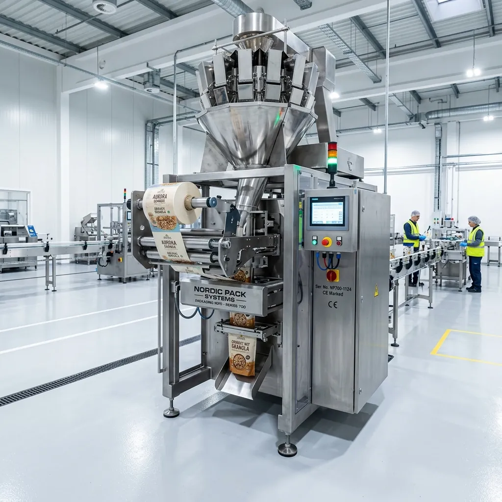A wide-angle shot of a premium, heavy-duty SS304 stainless steel VFFS packaging machine sitting on an epoxy factory floor.